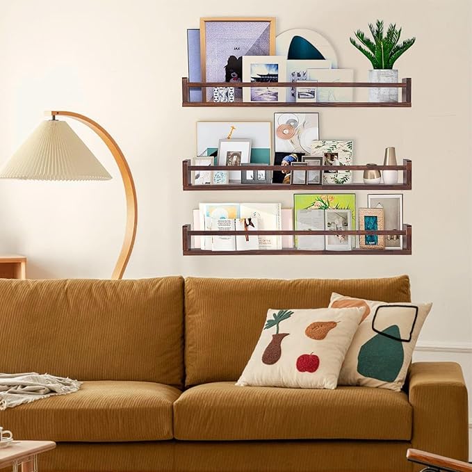 AZSKY Nursery Book Shelves Deep Walnut Wall Mount Floating Book Shelf for Bedroom Wooden Wall Book Shelf Children Kids Toddler Wall Bookshelf 36 Inch a Set of 3 Same Sizes-Ruum Studio Home