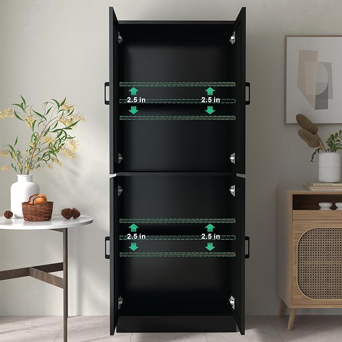 Black Rattan Kitchen Pantry, 71" Tall Storage Cabinet with Doors, Boho Hutch for Dining Room-Ruum Studio Home