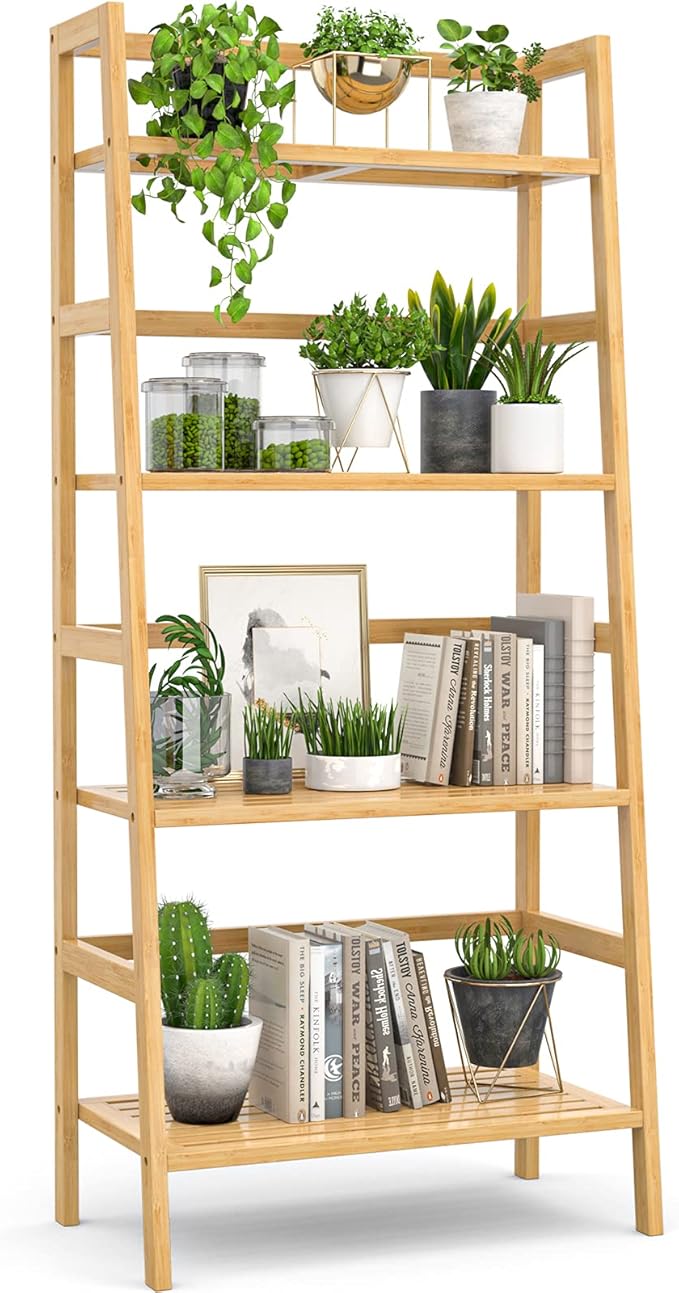 Homykic Bamboo Bookshelf 4-Tier Ladder Shelf, 49.2” Freestanding Open Bookcase Book Shelf Bathroom Storage Shelf Unit Plant Stand for Small Space, Bedroom, Living Room, Home Office, Natural-Ruum Studio Home
