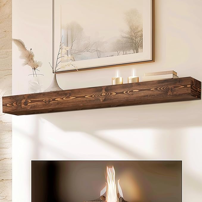 72x8x5 Fireplace Mantel - Handcrafted Hollow Rustic Solid Wood Wall Mounted Floating Shelf with Invisible Heavy Duty Wood Bracket (Weathered Brown)-Ruum Studio Home