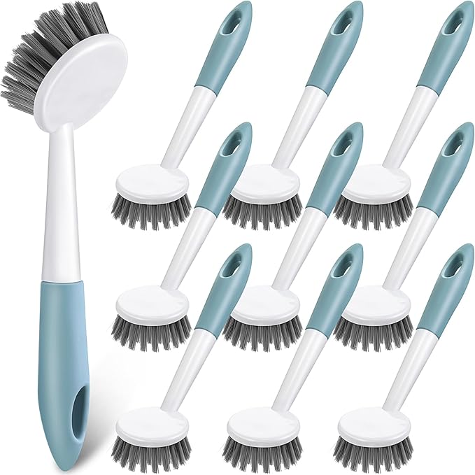 Patelai 12 Pack Kitchen Scrub Dish Brush with Long Handle Dish Scrubber with Stiff Bristles Scrub Brushes for Kitchen Dishes Washing Tools, Pots, Pans and Sink Cleaning (Celadon)-Ruum Studio Home