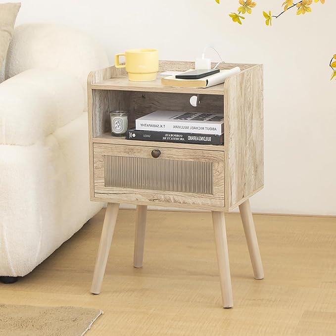 AWASEN Nightstand with Charging Station, Modern Bedside Table with Glass Decorative Drawer, Charging Night Stand Side Tables for Bedroom and Small Space, Rustic White Oak-Ruum Studio Home