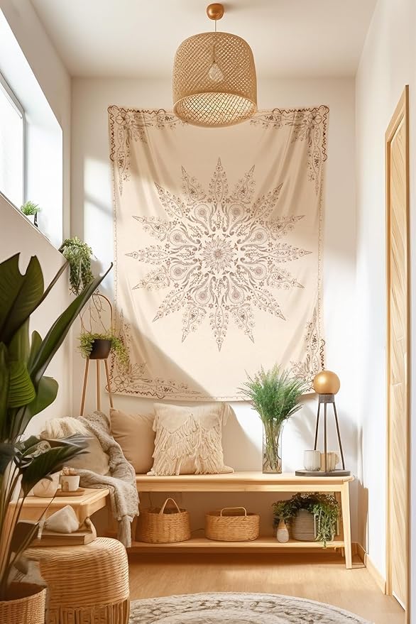 Damanse Floral Tapestry Wall Hanging Cute,Boho Wall Tapestry for Bedroom Aesthetic,Mandala Living Room Decor for Teen Girls (Flaxen, 70.9"x90.6")-Ruum Studio Home