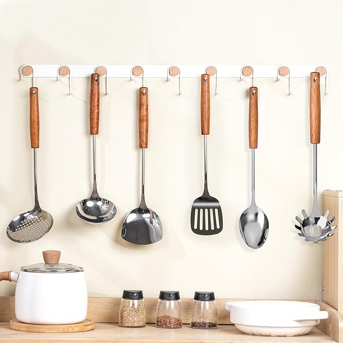 FJNATINH Stainless Steel Kitchen Utensils Set with Wood Handle Nonstick Stainless Steel Cooking Utensils Set with Turners,Spatula,Ladle,Skimmer,Solid Spoon,Pasta-Ruum Studio Home