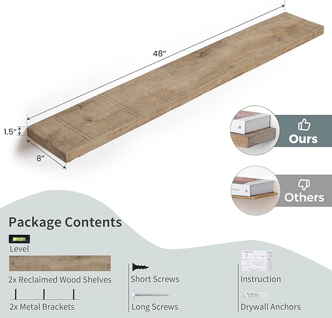 Floating Shelves | 8" Deep Rustic Reclaimed Barnwood Wall Hanging Shelves with Invisible Heavy-Duty Metal Bracket | Wall Mounted | Farmhouse Style | 48 inches, 2 PCs, Distressed Natural-Ruum Studio Home