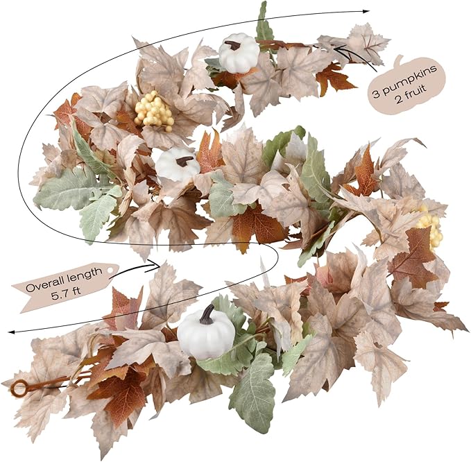 DearHouse Fall Maple Leaf Garland, 5.9Ft Hanging Vine Artificial Autumn Foliage for Thanksgiving, Home, Wedding, Fireplace, Party, Christmas Decor (White)-Ruum Studio Home