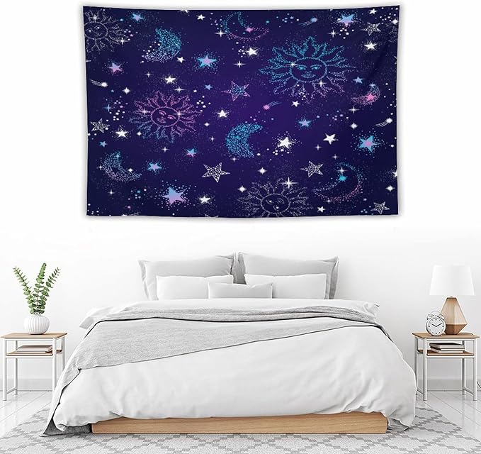 HZOHNAGO Boho Sun Moon Tapestry Purple Blue Sun Stars Galaxy Pattern Printed Wall Tapestry Wall Hanging for Bedroom Living Room Dorm 90" W x 60" H-Ruum Studio Home