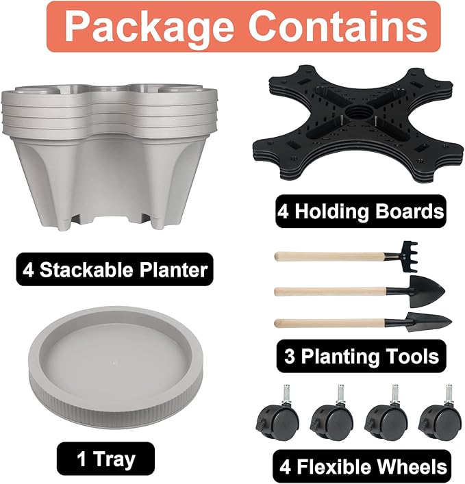 Vertical Planter 4 Tier Stackable Planters Garden Planters Strawberry Herb Flower and Vegetable Planter Indoor Outdoor Gardening Pots with Removable Wheels and Tools 2-Pack-Ruum Studio Home