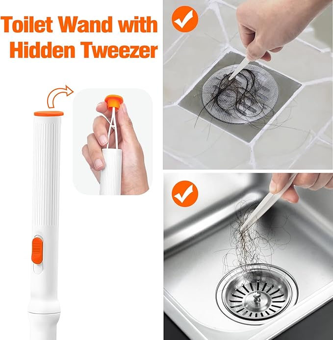 JEHONN Disposable Toilet Brush with Tweezers, Toilet Bowl Wand Holder Set with 42 Cleaner Refills, Bathroom Cleaning System for Sink Bathtub Wash Basin (White Orange)-Ruum Studio Home