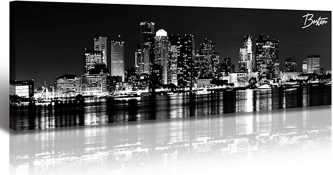 DJSYLIFE Boston Skyline Wall Art Canvas Wall Art Black and White Modern Panoramic Cityscape Pictures Paintings for Bedroom Office Decor, Ready to Hang 13.8"x47.3"-Ruum Studio Home
