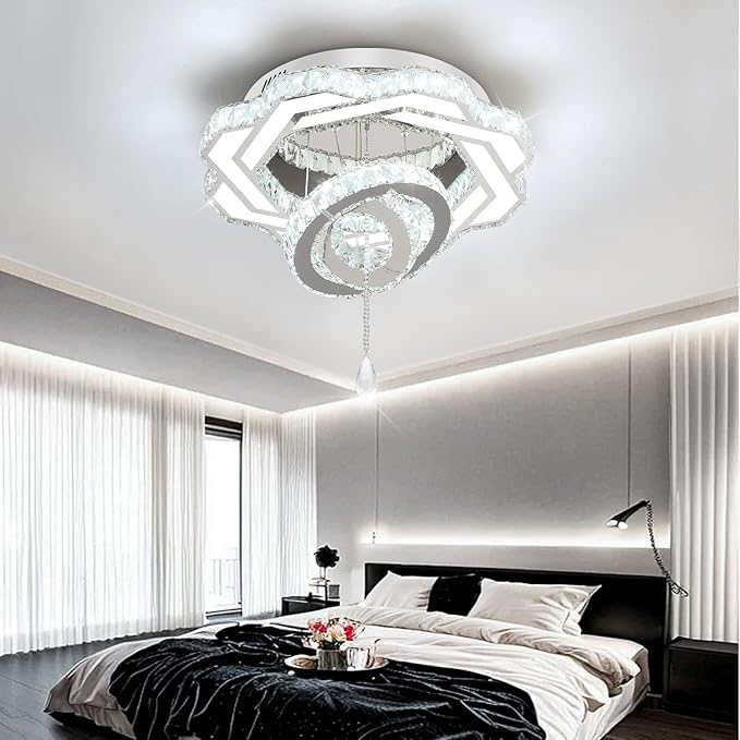 Flashing God Modern Crystal Chandeliers Dia 24" Silver Chandelier Flush Mount Ceiling Light for Bedroom Living Room Dining Room Hallway Dimmable 3 Rings LED Celing Lighting Fixtures-Ruum Studio Home