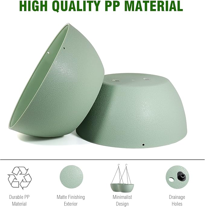 WOUSIWER 13 inch 2 Pack Large Hanging Planters for Indoor Outdoor Plants with Drainage Holes and Chain, Round Hanging Flower Pots for Garden Home Porch Decor, Green-Ruum Studio Home