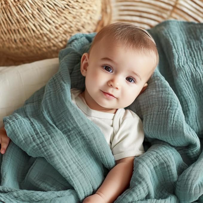 EMME Muslin Baby Blankets 100% Cotton 4-Layer Swaddle 40"x50" Lightweight Soft Breathable for Toddler, Infant, Newborn All Season Gauze Blanket, Teal-Ruum Studio Home