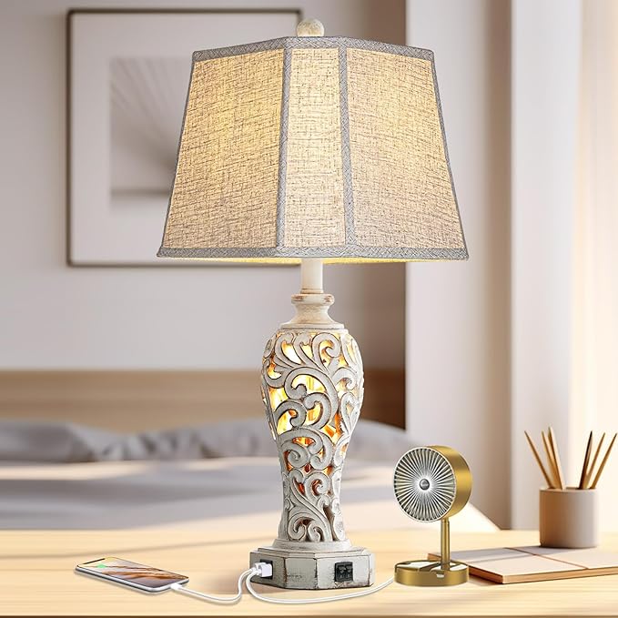 25'' Farmhouse Table Lamp for Living Room Bedroom, 2 USB Ports Vintage Rustic Nightstand Desk Lamp with Nightlight, White Hollow Out Resin Lamp for End Table (Bulb Included)-Ruum Studio Home
