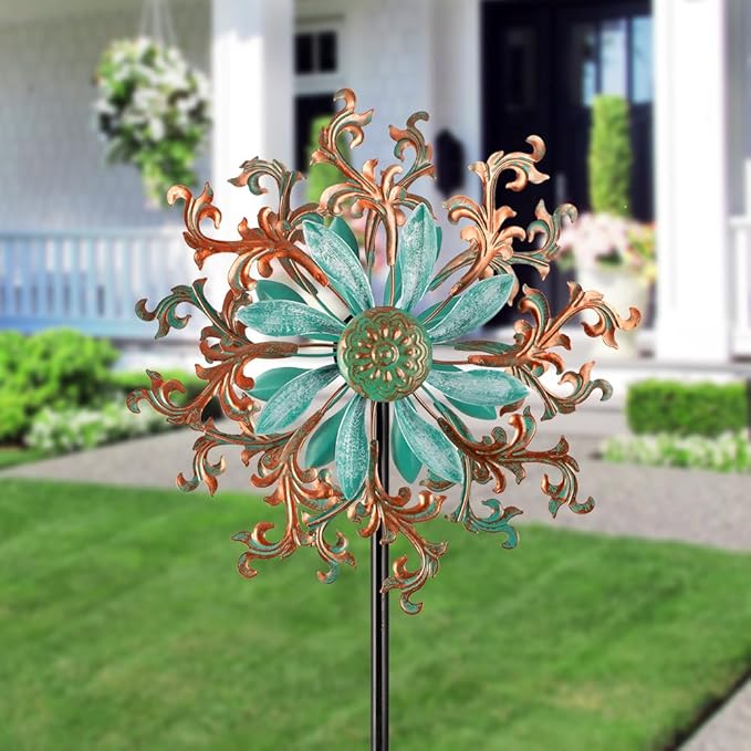 Viveta Wind Spinners Outdoor, Metal Wind Sculptures for Yard and Garden,13 * 57 "Double Windmill with Stable Stake-Ruum Studio Home