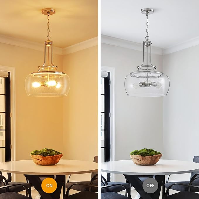 WUZUPS Chandelier Rustic Farmhouse Industrial Round Ceiling Pendant LED Light Fixture Clear Seeded Glass Shade for Dining Room Kitchen Island Foyer Entryway, H 20.9" x W 15.9", Brushed Nickel-Ruum Studio Home