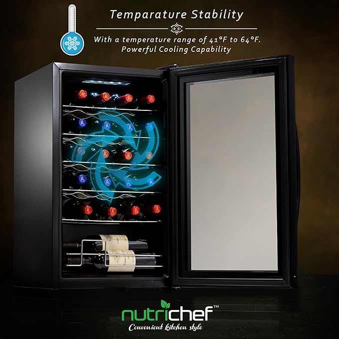Nutrichef 24 Bottle Wine Fridge | Single Zone Wine Chiller | Adjustable Temperature Control 41°F to 64°F | Ultra Quiet Operation | Wine Cooler For Home & Office | Free Standing 29x16x17 IN-Ruum Studio Home