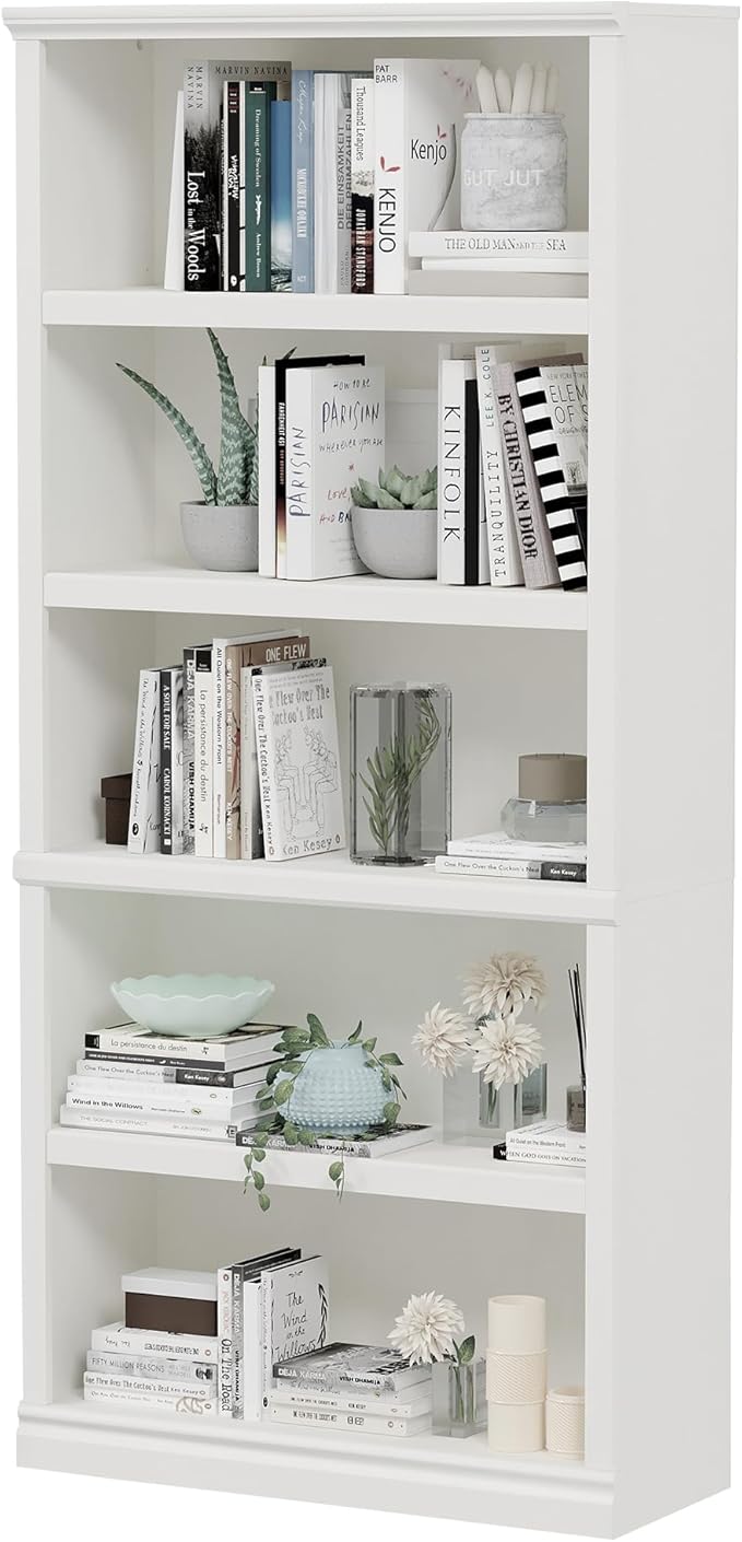 70-Inch Tall White Bookcase, 5 Tiers Shelves Open Storage Bookshelf, 33 in Wide Anti Tipping Indoor Furniture, Book Cases for Home Library Office Bedroom School-Ruum Studio Home