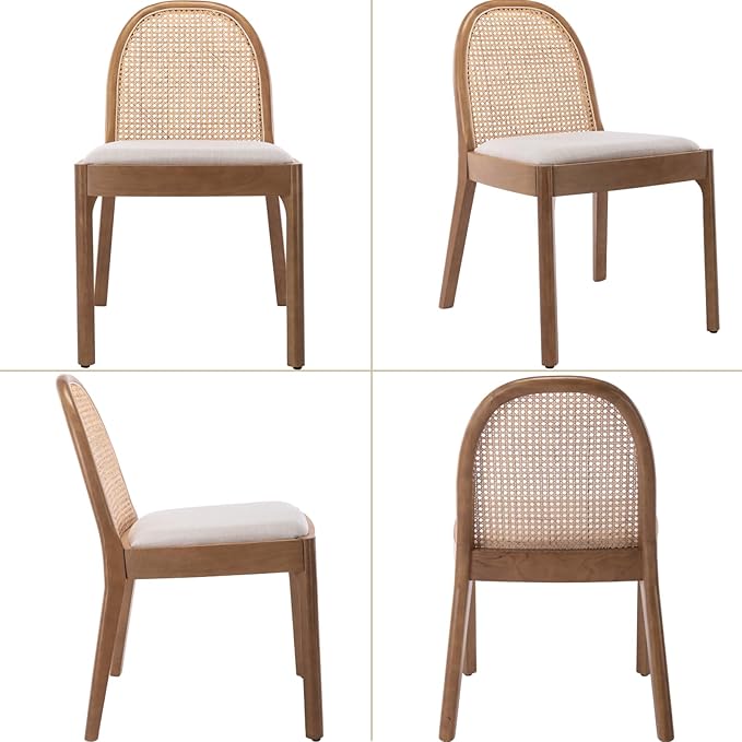 Mid Century Dining Chairs Set of 6, Accent Rattan Linen Fabric Side Chairs Kitchen Chair with Solid Wooden Legs for Living Room Dining Room, Beige-Ruum Studio Home