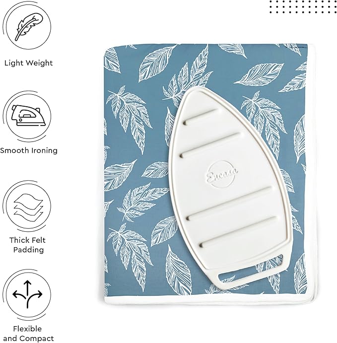 Encasa XO Ironing Mat/Pad (Large 48"x28") with 3mm Padding & Silicone Iron Rest for Steam Pressing on Tabletop or Bed - Heat Resistant, Portable, Quilting & Travel Blanket - Big Leaves Blue-Ruum Studio Home