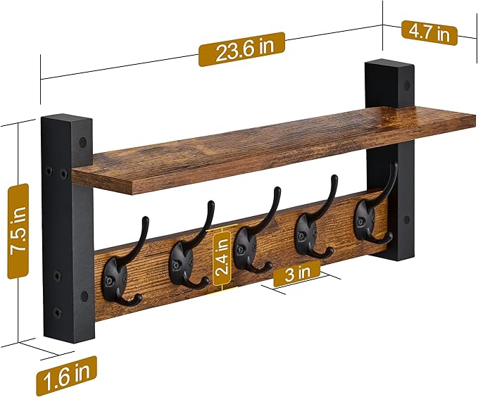 Sorbus Coat Hooks Wall Mount with Shelf – 24 Inch Coat Rack Wall Mount with 5 Heavy Duty Hooks – Floating Wall Shelf with Hooks for Entryway, Bathroom, Bedroom, Kitchen, or Mudroom (Rustic Brown)-Ruum Studio Home