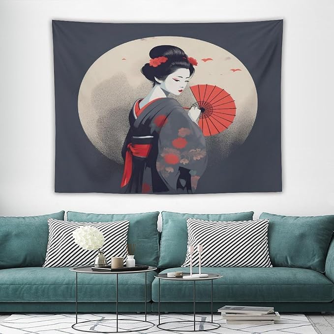 Japanese Woman Geisha Tapestry Asian Red Cherry Blossom Red Sun Traditional Kimono Folk Tapestries Home Decor for Living Room Bedroom Apartment Farmhouse Dorm 80"x60"-Ruum Studio Home