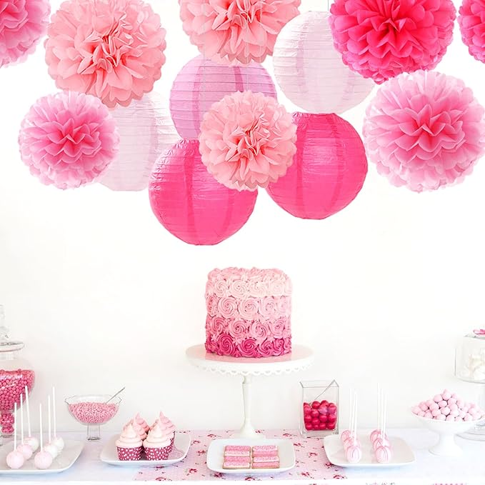 Light-Hot Pink Party-Decorations Paper-Flowers Lanterns - 15pcs Graduation Girl Birthday Decor Tissue Pom Poms Streamers, Bridal Baby Shower Wedding Bachelorette Valentine Hanging Supplies Hugfond-Ruum Studio Home