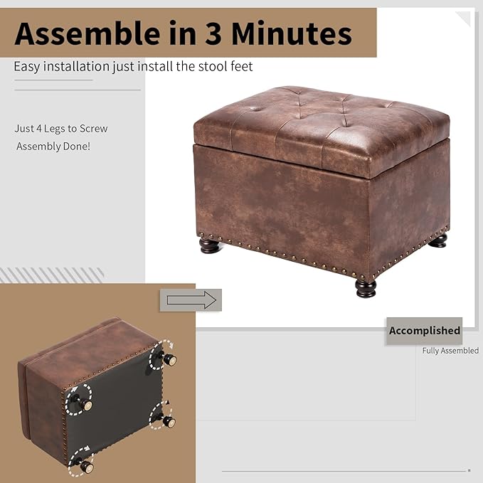 Joveco Leather Storage Ottoman, 24" Rectangle Tufted Square Upholstered Bench, Foot Rest Stool with Wood Legs, Footstool for Living Room Bedroom, Coffee-Ruum Studio Home