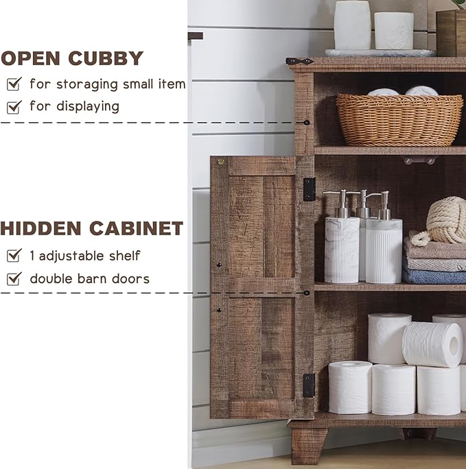 Corner Bathroom Cabinet, Farmhouse Small Corner Cabinet with Barn Door & Adjustable Shelf, Storage Cabinets for Bathroom, Kitchen, Living Room, Rustic Brown-Ruum Studio Home