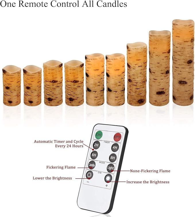 Flameless Flickering LED Candles with Birch Bark Effect - Set of 9 Battery-Operated Real Wax Pillar Candles with 10-Key Remote Control - 2/4/6/8 Hour Timer-Ruum Studio Home