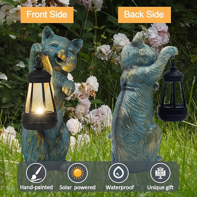 Garden Statues Cat with Solar Lantern Outdoor Bunny Figurines Decorations for Patio Yard Lawn Ornaments Gifts for Birthday Easter Housewarming Mother's Day-Ruum Studio Home