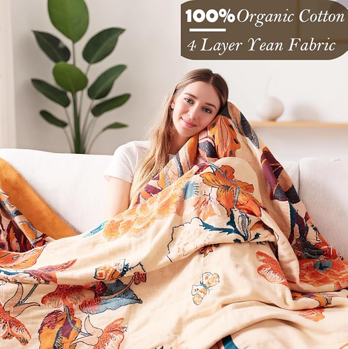 Boho Throw Blanket, 100% Organic Cotton Breathable Soft Lightweight All Season Rustic Bed Throw - Floral Bird Farmhouse Decor Blanket for Sofa Couch Chair Quilt and Gift. 60" x 80"-Ruum Studio Home