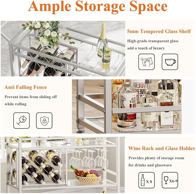 FATORRI Bar Cart Silver, Bar Carts for The Home, Home Bar Serving Carts for Liquor, Rolling Wine Cart with 3 Tier Mirrored Shelves on Wheels for Alcohol and Beverage (Silver)-Ruum Studio Home