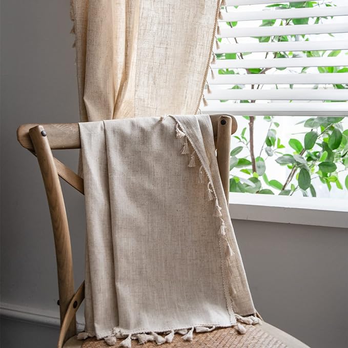 Sutuo Home Boho Curtain 72 Inches Long for Bedroom, Natural Linen Look Textured Burlap Rod Pocket Chic Semi Blackout Bohemian Handmade Tassels Window Treatment for Living Room, 1 Panel 59" W x 72" L-Ruum Studio Home