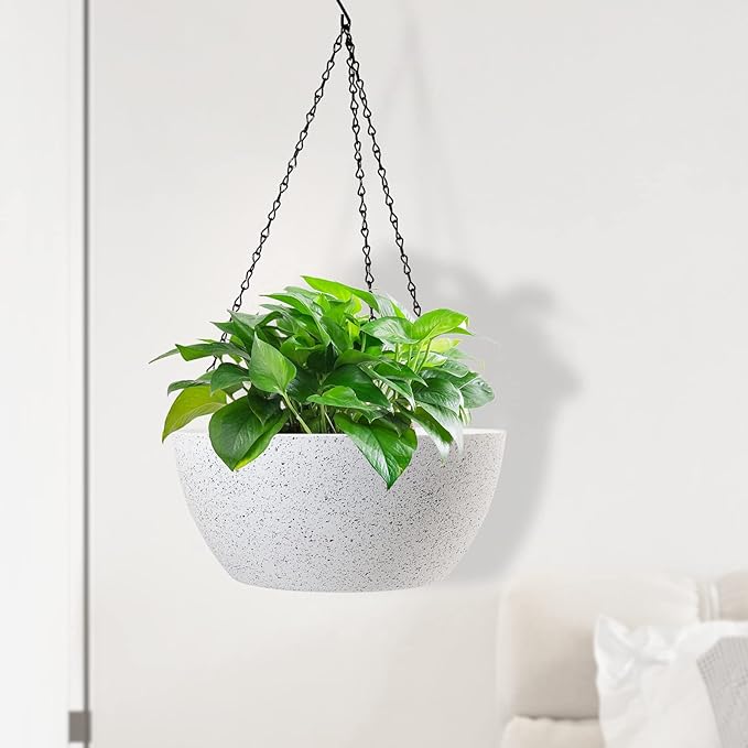 13 inch Large Hanging Planters Plant Pots for Outdoor Indoor Plants with Drainage Holes and Chain, 2 Pack Round Hanging Flower Pots for Garden Home Porch Decor, Speckled White-Ruum Studio Home