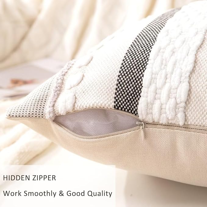Boho Throw Pillow Covers 18x18 Set of 2 Farmhouse Decorative Cushion Case Striped Square Pillows Cover Chenille Pillow Cases Accent Neutral Pillowcase for Sofa Couch Bed,White-Ruum Studio Home