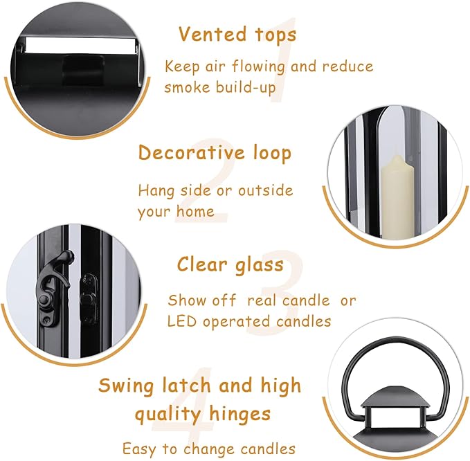 Bdor 2 Pack Luxury Black Metal Lanterns – 16" Tall Modern Hurricane Candle Lanterns with Tempered Glass Panels for Front Porch, Tabletop, Mantel, Wall Hanging, Garden, Indoor & Outdoor Décor-Ruum Studio Home