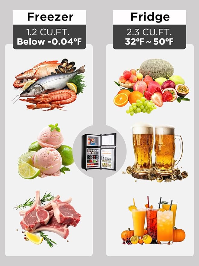 3.5 Cu.Ft Compact Refrigerator with Freezer, Mini Fridge with 2 Doors for Office, Kitchen, Dorm and Bedroom, Small Fridge with 7 Level Temp Adjustable Thermostat, Black-Ruum Studio Home