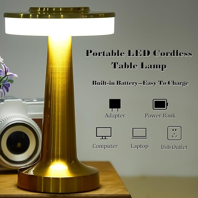 VIHOSE Set of 8 LED Portable Cordless Table Lamp with Touch Sensor 3 Color Stepless Dimming Rechargeable Battery up to 15 Hours Cordless Table Light Wireless Lamp for Nursery(Gold)-Ruum Studio Home
