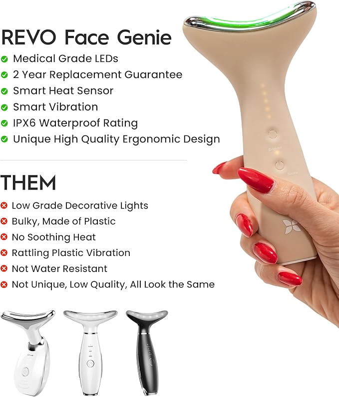 REVO Genie | Face & Neck Beauty Massager with Ultra Powerful LEDs for Wrinkles, Fine Lines, Puffy Skin, Uneven Skin Tone, Lymphatic Drainage, Lifting & Firming Facial Sculpting Tool with Light Therapy-Ruum Studio Home