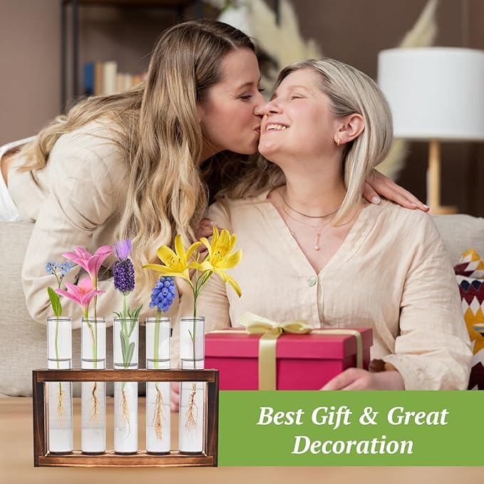 2pcs Desktop Glass Plant Propagation Station with 10 Test Tubes in Wooden Stand - Hydroponic Plants Cutting Office Home Decoration and Garden Decor Terrarium (10 Tubes)-Ruum Studio Home