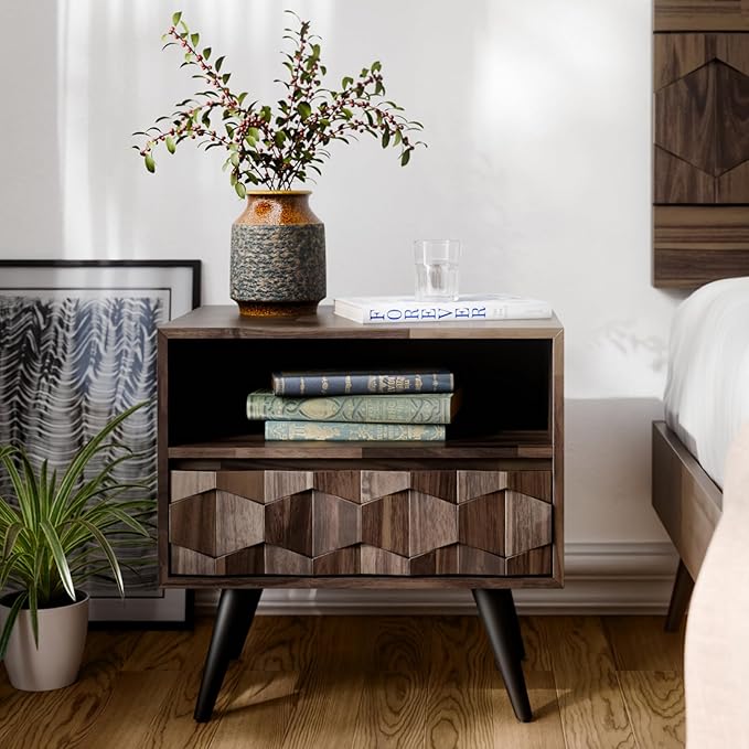 Bme Georgina Solid Wood Nightstand with 1 Drawer & Open Shelf- Fully Assembled Mid Century Modern Side Table - Geometric Pattern Bedside Dresser for Bedroom and Living Room, Mocha-Ruum Studio Home