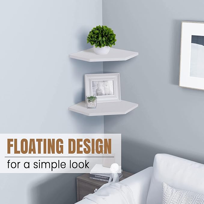 Corner Shelf Wall Mount, Floating Corner Shelves, Set of 2 Corner Wall Shelf Organizer, Rustic Wood Wall Storage Display Shelves for Living Room Bedroom Bathroom Kitchen, Rustic White-Ruum Studio Home