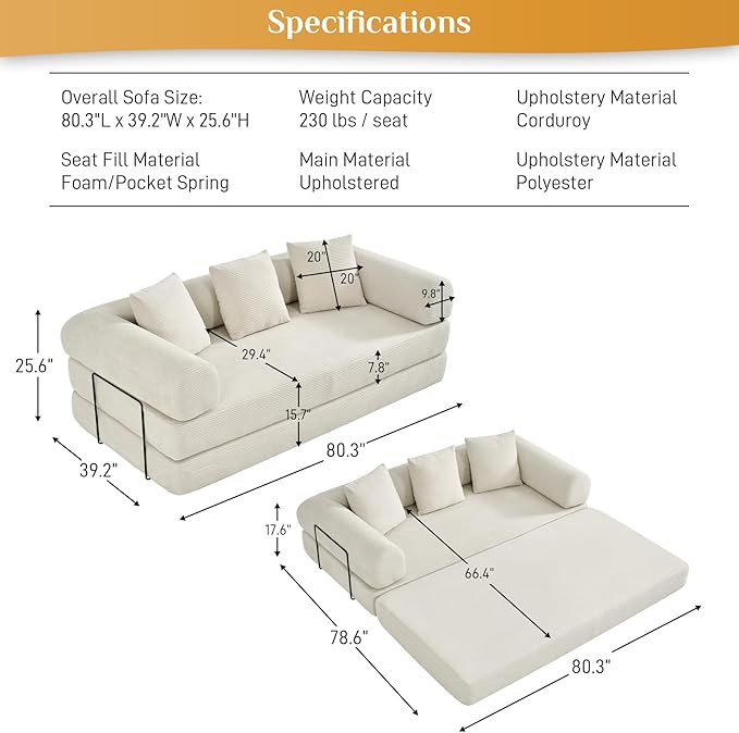 Convertible Sleeper Sofa Bed with Pillow, 4-in-1 Corduroy Folding Mattress Couch with Fixed-Shape Frame, Fold Out Floor Sofa Cama Lounge Couch for Living Room Bedroom Studio, Beige White-Ruum Studio Home