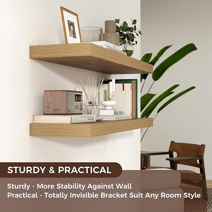 Floating Shelves for Wall, 2 Large Wall Mounted Shelves with Invisible Brackets, Long Wood Floating Wall Shelf Shelves for Living Room, Bedroom, Kitchen, (Oak, 36" W x 9" D x 1.5" H)-Ruum Studio Home