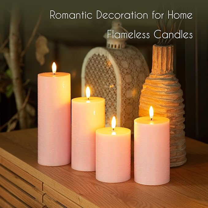 LUSHABOR Flameless Candles, 4 Pack Battery Operated Candles with Remote, Real Wax LED Fake Candles with Timer Flickering for Christmas Wedding Home Party D3 H 5" 6" 7" 9" Pink-Ruum Studio Home