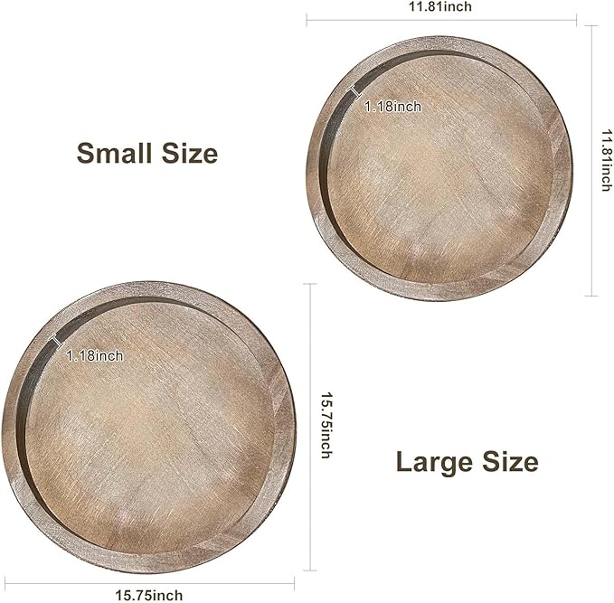 Round Wood Decorative Tray - Brown Washed Bead Tray for Coffee Table Wood Serving Tray Wooden Trays Decor Kitchen Counter Circle Tray Vintage Centerpiece for Living Room Candle Holder (15.75 inch)-Ruum Studio Home