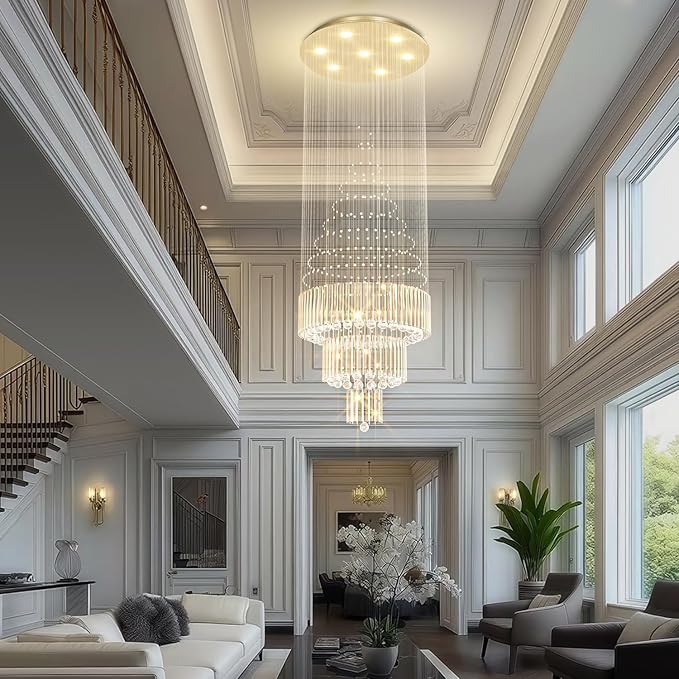 Flashing God D24''XH86'' Modern Foyer Chandelier for High Ceiling Raindrop Crystal Chandelier High Ceiling Pendant Light Fixture for Hallway Living Room (Gold Staircase Chandeliers)-Ruum Studio Home