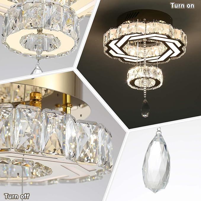 Flashing God 16 Inch Mini Chandelier Modern Crystal Chandeliers Light Semi Flush Mount Ceiling Light Fixture Small Gold Chandelier for Bedroom Hallway Kitchen Foyer-Ruum Studio Home