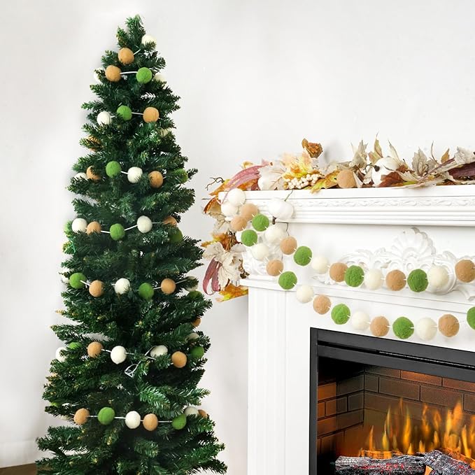 TBD Decor 2pk Pom Pom Garland 13FT Colorful Large Felt Ball Garland Fall Decoration for Mantle,Indoor Holiday Wedding Birthday Party Supplies(Green Brown)-Ruum Studio Home